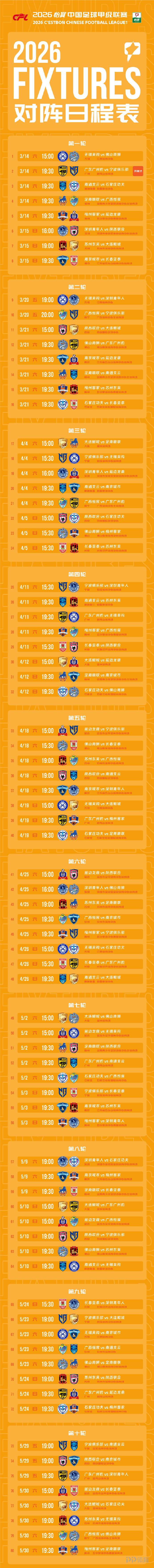 2026中甲赛程公布：3月14日开赛 11月7日落幕